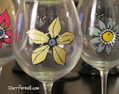 READY TO SHIP Yellow Retro Mod Flower Hand Painted Wine Glass