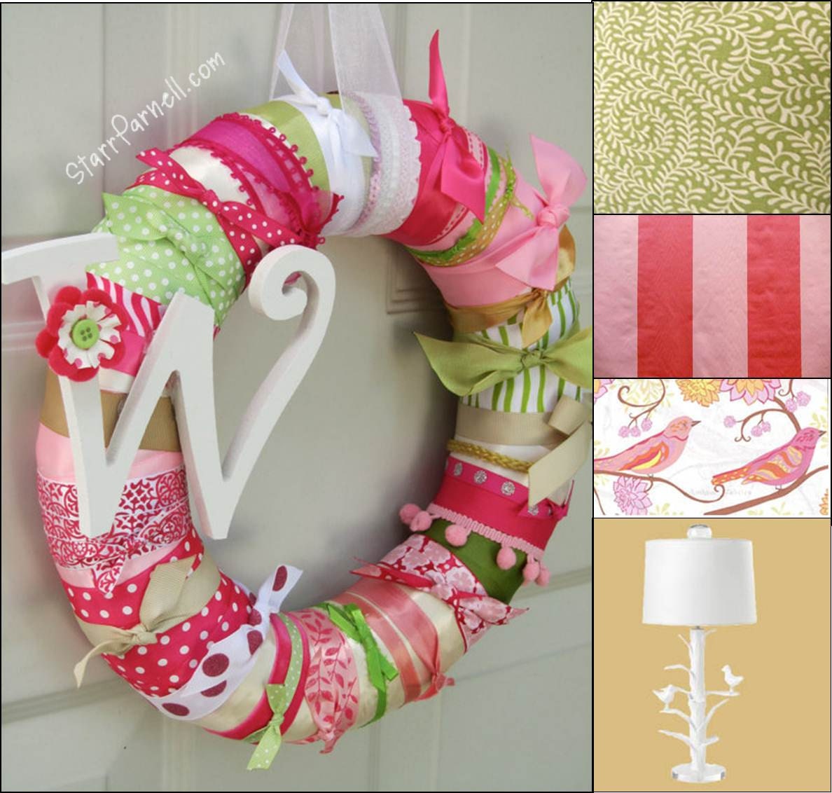 Pinks Greens Tans Whites Multicolor, Pattern and Size Wrapped Ribbon Wreath 12" Monogrammed