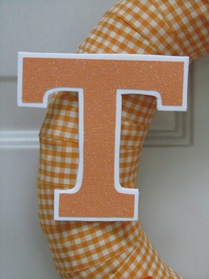 University of Tennessee Wreath UT Orange White Gingham Ribbon Fall Rose Style Felt Flower 12"