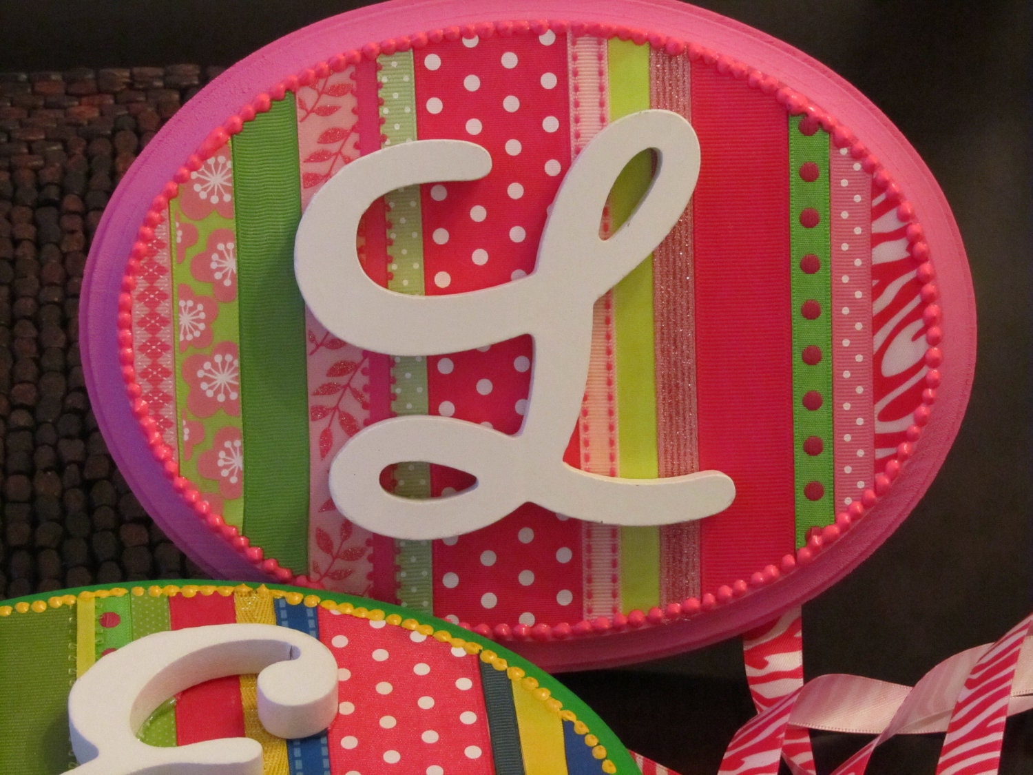 Pinks and Greens Customized Ribbon Barrette Holder with Wood Monogram