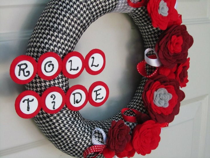 University of Alabama Wreath Fall Houndstooth Rose Style Roll Tide Ribbon Felt Flower Wreath 12"