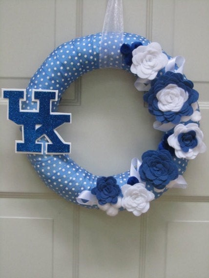 University of Kentucky Wreath UK Blue White Polkadot Ribbon Fall Rose Style Felt Flower 12"