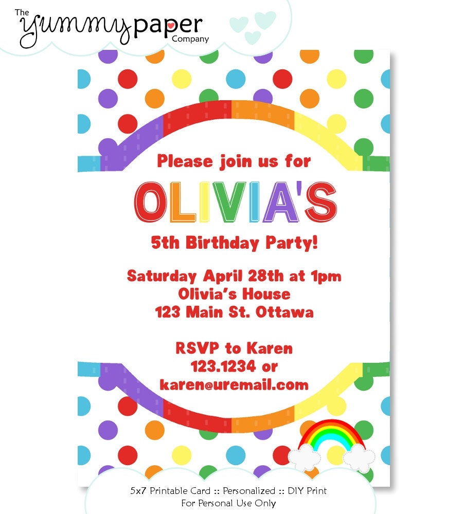 Classic Rainbow Party Invitation, Polka Dots - Personalized Birthday Printable Invite rp01 - Signature Collection
