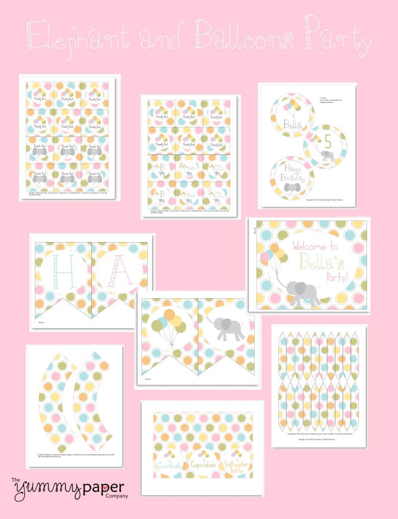 Elephant and Balloons Printable Party Package - Personalized Birthday DIY Party Printables.. eb01 Il_570xn