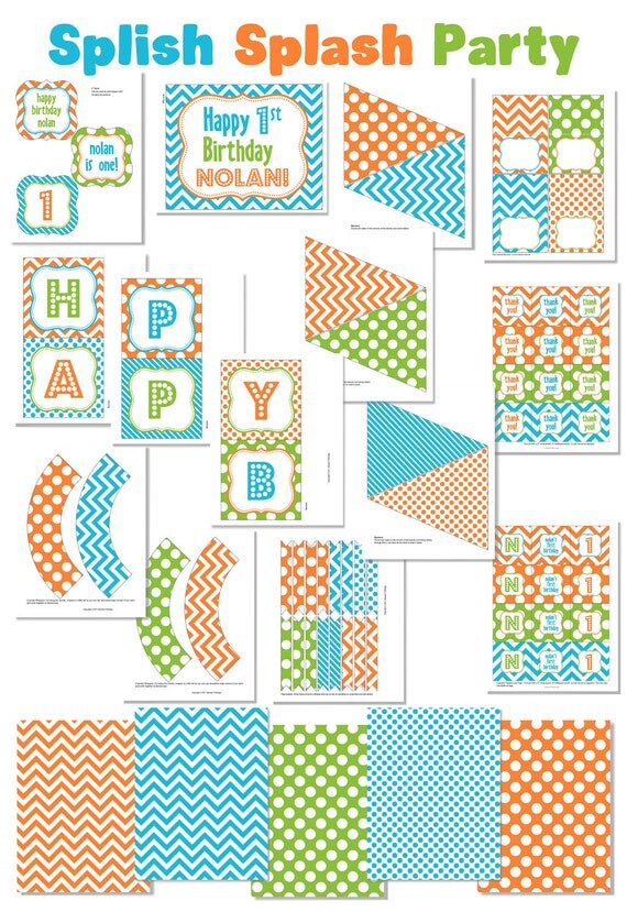 Printable Splish Splash Party Package - Coordinating Colors - Personalized DIY Party Printables .. ss01 - Signature Collection Il_570xn