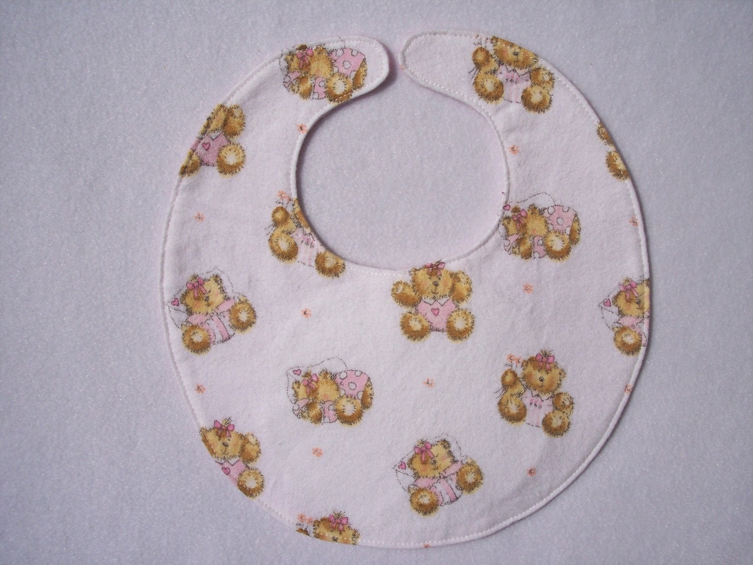 Baby Bibs, four soft layers, reversible, white with pink baby teddy bears