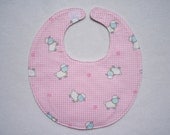 Baby Bibs, four soft layers, reversible, pink with white lambs