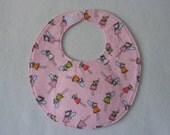 Baby Bibs, four soft layers, reversible, pink with bright little fairys