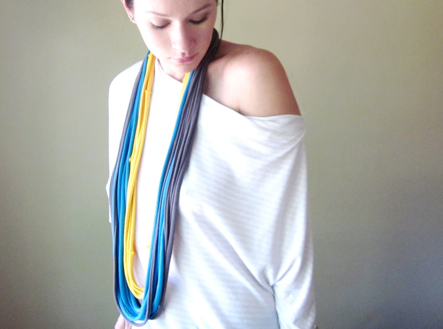 Scarf Necklace - Upcycled Cotton Jersey - Aqua Blue Yellow Gray T shirt Scarf