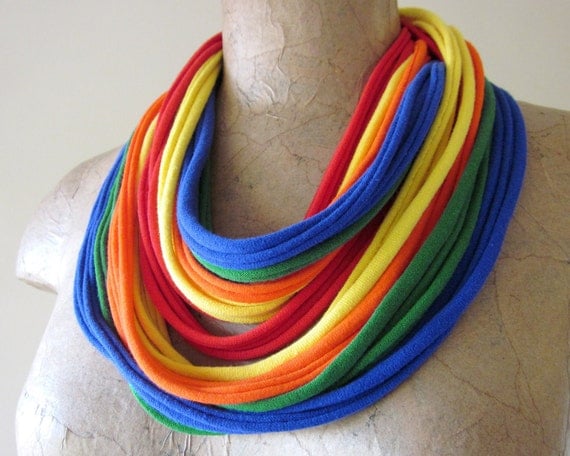 Box of Crayons Skinny Scarf Necklace - Colorful Rainbow Cotton Jersey Infinity Scarf - Upcycled, Eco Friendly Fashion