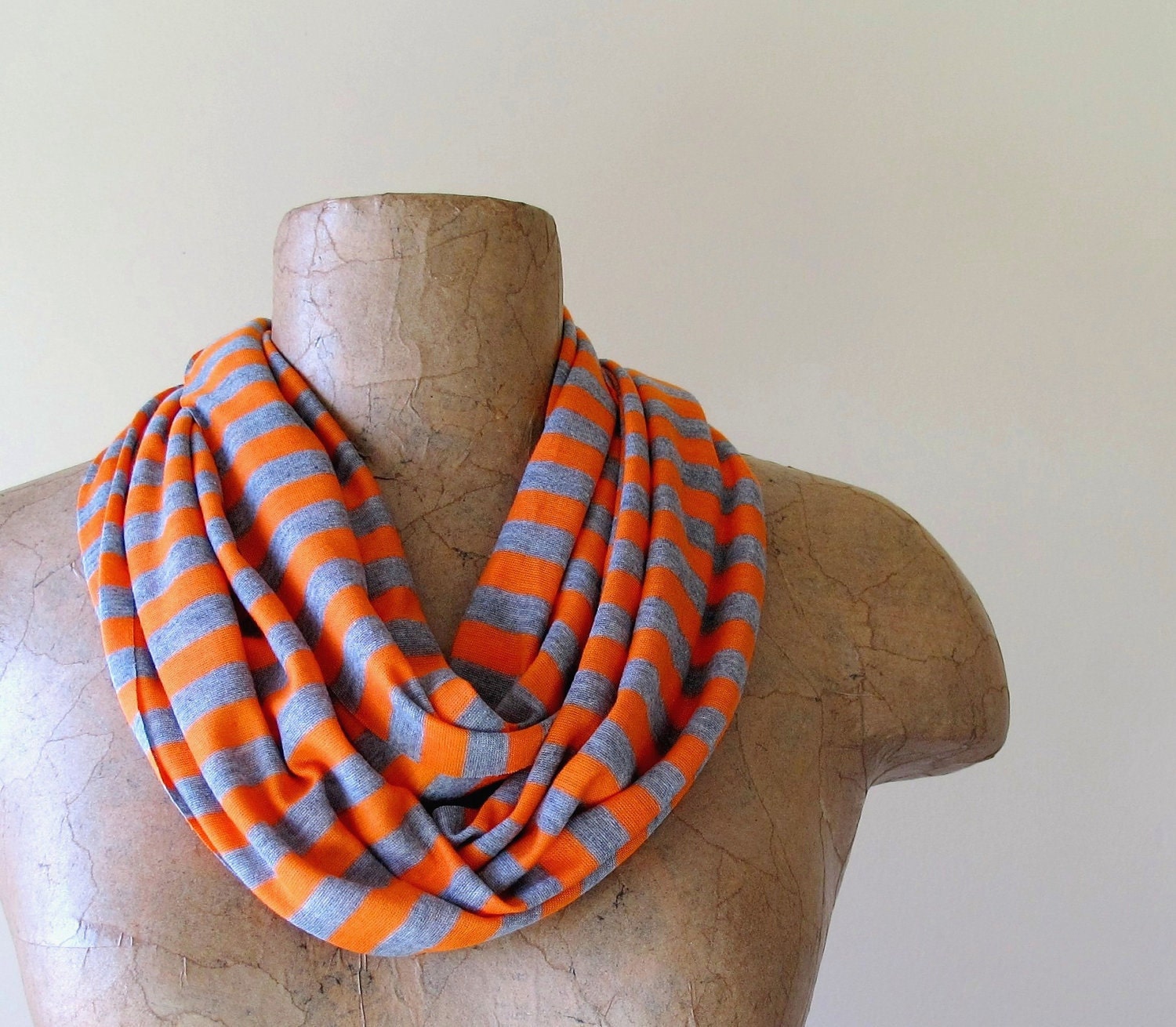 Striped Scarf - Lightweight Striped Skinny Scarf - Orange, Heather Gray Stripes