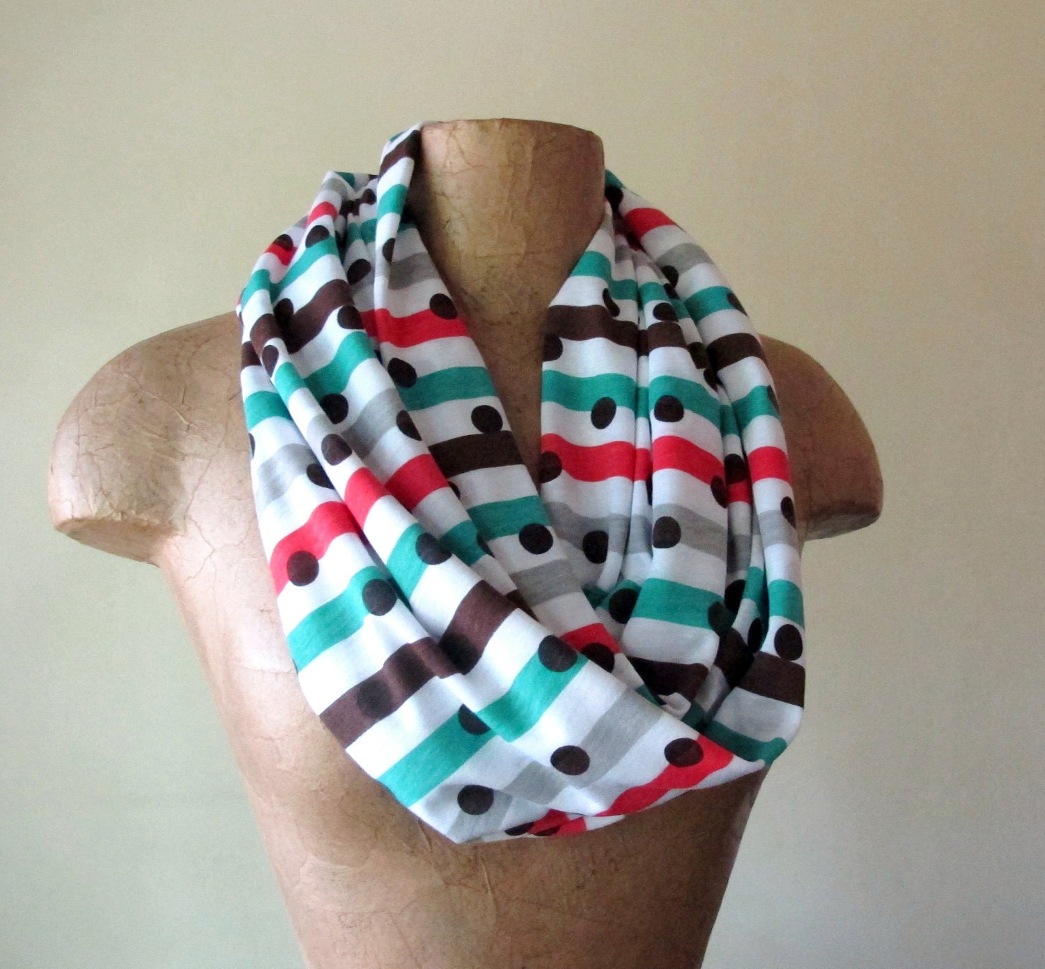 Polka Dot Infinity Scarf - Stripes and Polka Dots Scarf - Handmade LightWeight Cotton Infinity Scarves