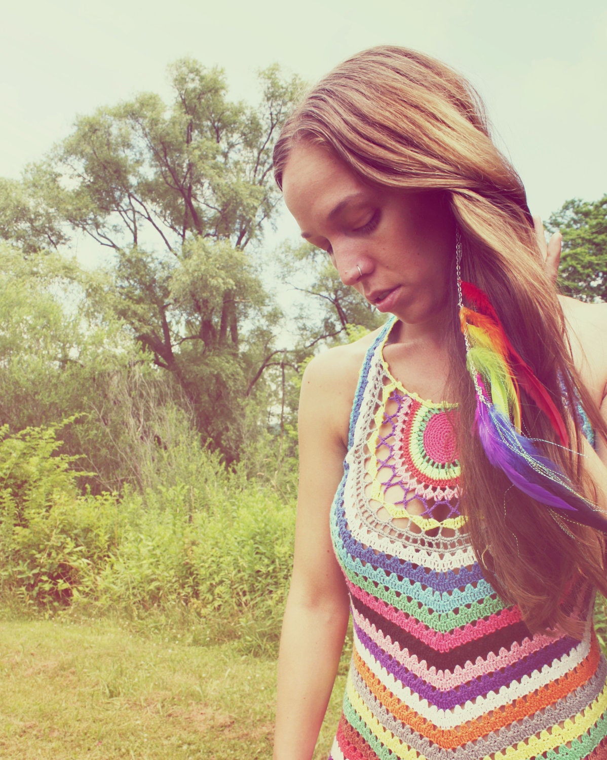 Double Rainbow, Extra Long Single Chain Feather Earring-Hair Extension--12 inches long, NEW iridescent Hair Tinsel- Symbolism
