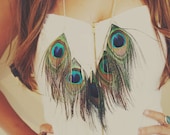 Peacock Feather Necklace with Metal Feather Charms, Hippie Feather Necklace, Aztec, Bohemian, Peacock Wedding
