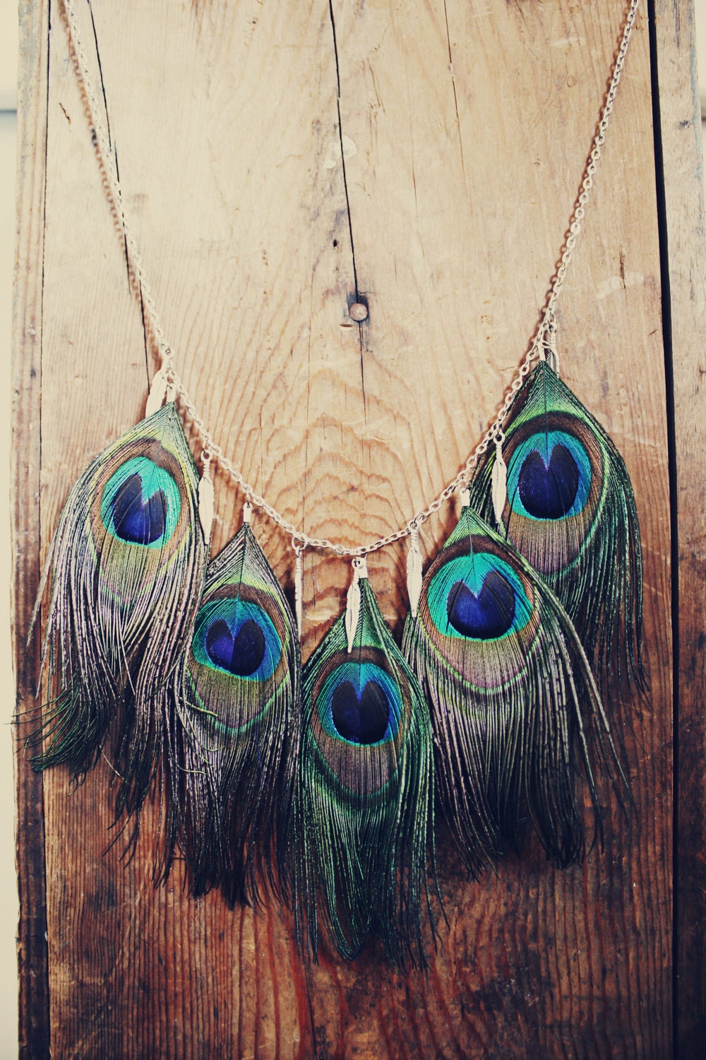 Peacock Feather Necklace with Metal Feather Charms, Hippie Feather Necklace, Aztec, Bohemian, Peacock Wedding