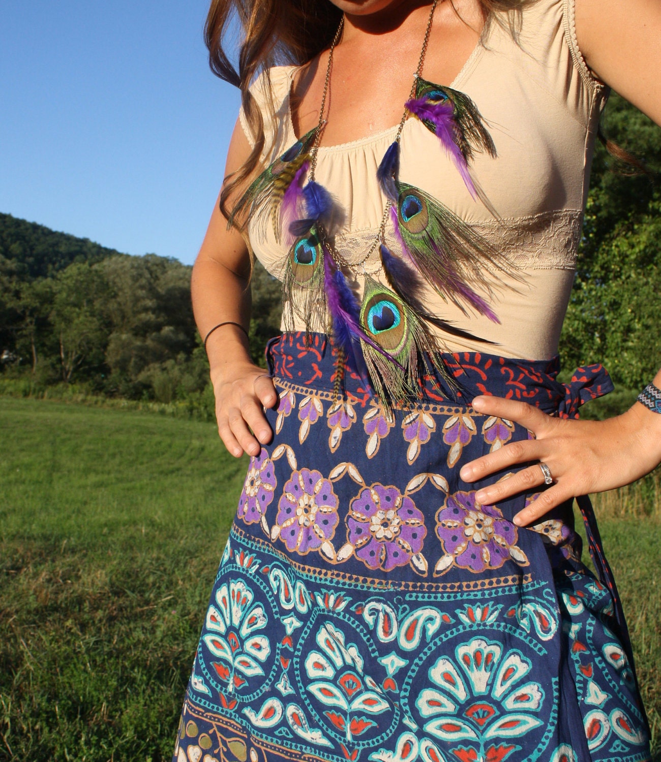 Long Peacock Feather Chain Necklace-On SILVER colored chain, Peacock Jewelry