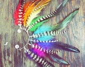 Handmade Rainbow Feather Ear Cuff, Earring,Grizzly Feathers, Colorful, Festival,Hippie, Bohemian, Tribal, Aztec