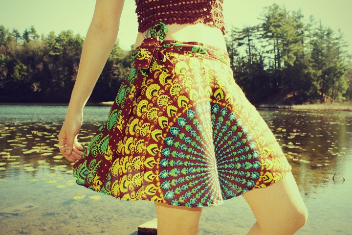 Mini Wrap Skirt, Peacock Hippie Skirt, Cover-Up, Boho, Gypsy, Blue Sunburst, Peacock Print, Skirt, Bohemian, Festival Skirt
