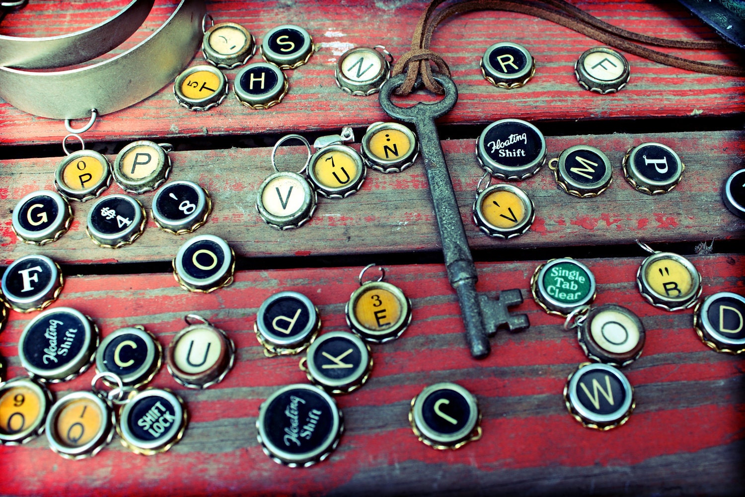 Design Your Own Vintage Typewriter Key & Large Skeleton Key Necklace-Personalized Gift-Initials-Recycled-Letters-Numbers