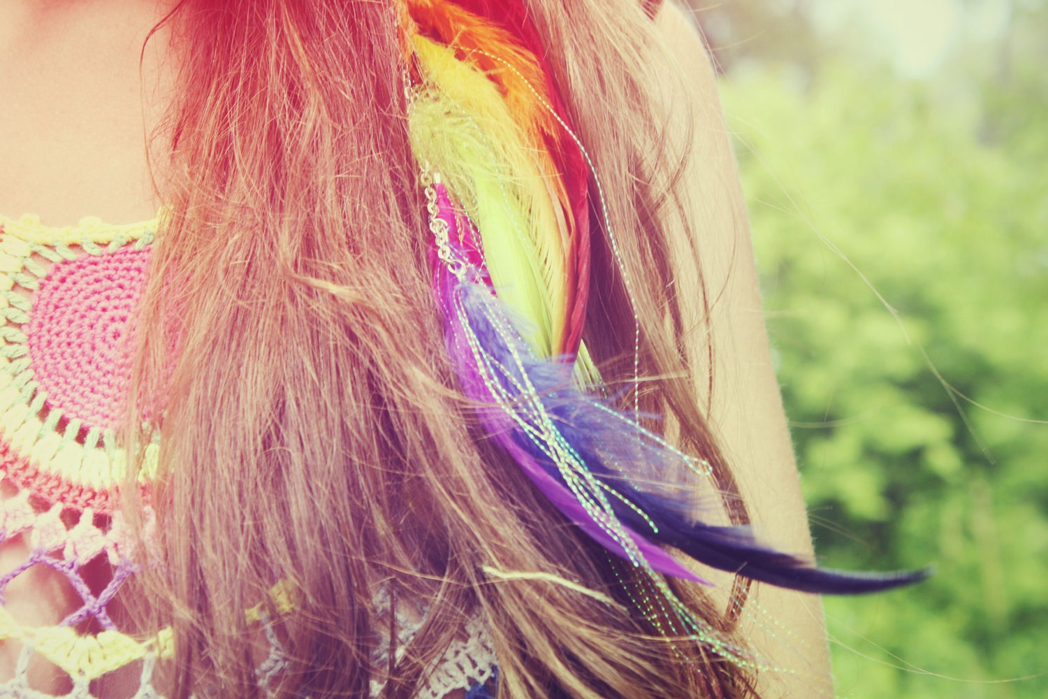 Double Rainbow, Extra Long Single Chain Feather Earring-Hair Extension--12 inches long, NEW iridescent Hair Tinsel- Symbolism