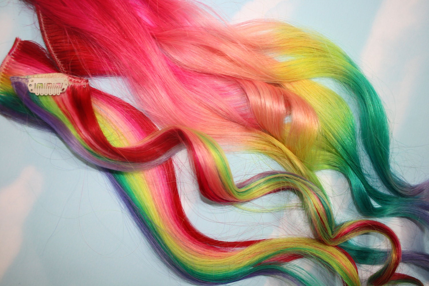 Rainbow Human Hair Extensions. Colored Hair Extension Clip, Hair Wefts, Clip in Hair, Tie Dye Hair Extensions, Dip Dyed Hair