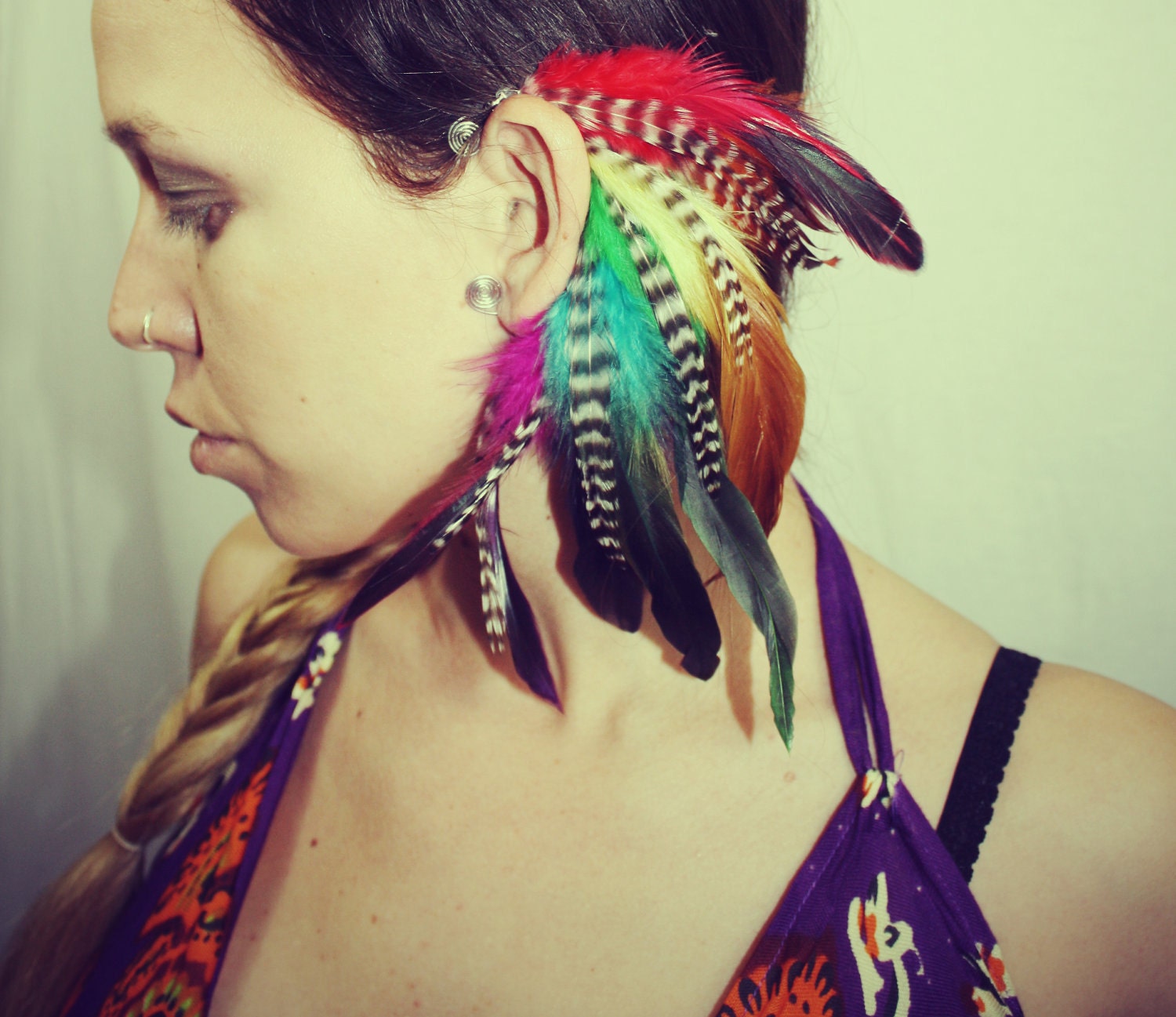 Handmade Rainbow Feather Ear Cuff, Earring,Grizzly Feathers, Colorful, Festival,Hippie, Bohemian, Tribal, Aztec