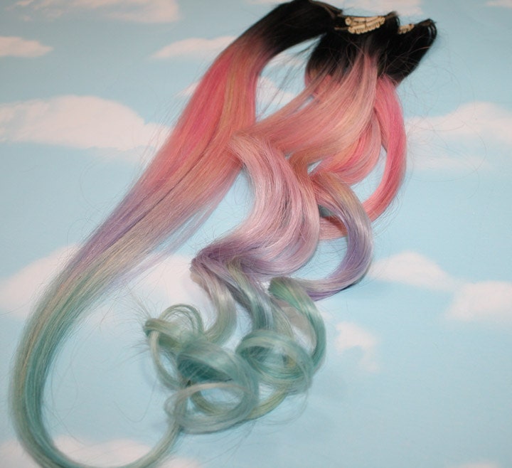 Light Pastel Dip Dyed Hair, Clip In Hair Extensions, Tie Dye Tips, Black Hair, Hair Wefts, Human Hair Extensions, Hippie hair, Pink Hair