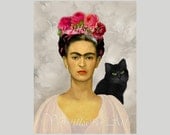 FRIDA KAHLO and Black CAT Original Digital Collage Sheet. Mexican Art. Large image. Personal & Commercial Use Mexico, gift tags 078