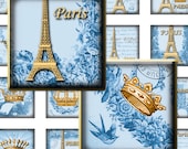 Paris blue gold. French Crown Eiffel tower 1x1 inch square tiles. Digital Collage Image for pendants. 3062