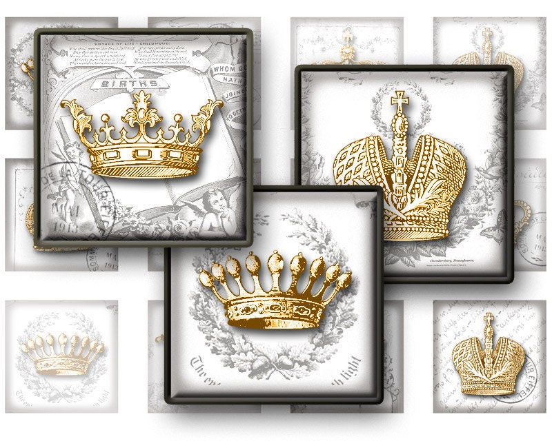 Imperial Gold Crowns. 1x1 inch square tiles. Digital collage sheet. Printable crown Image for scrabble tile pendants. 3446
