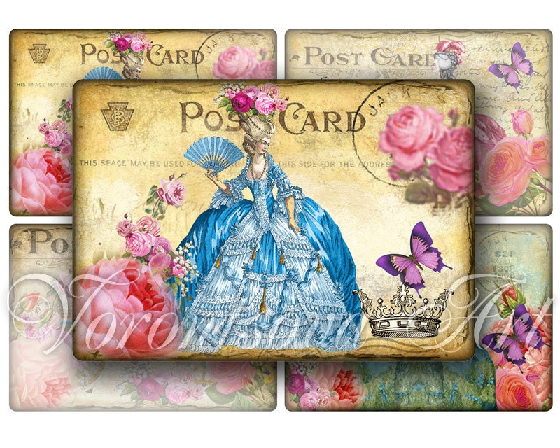 Postcard Princess carriage blue green rose. Digital Collage Sheet. Printable Imade for notecards, gift tags. 4446