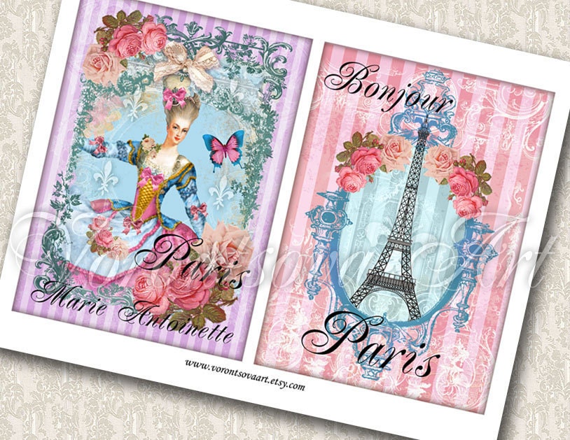 Paris stripe french CHIC. Printable Eiffel tower Marie Antoinette postcards set. Digital Collage Image for paper labels shop gift tags. 081