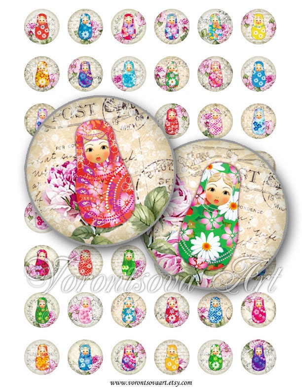 Matryoshka Shabby chic 1 inch Circle image Matrioshka Babushka Russian Dolls Digital Collage Sheet Printable download BottleCap 8266