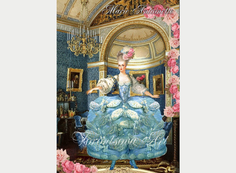 Marie Antoinette in Blue Ball gown. Digital Collage Sheet. Paris French Chic imade  for paper, hang tag, invitations, gift tags. 011c1