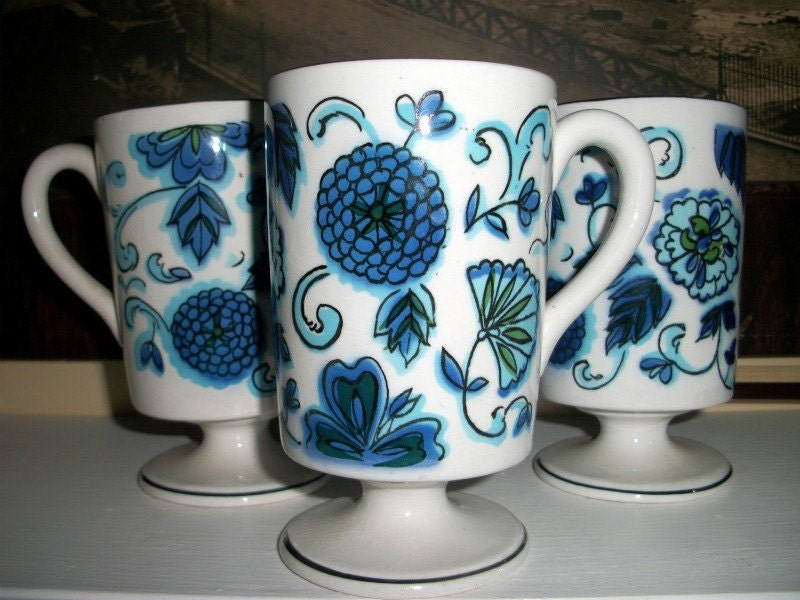 Vintage 60s Howard Holt Modern BLUE Floral Irish Coffee Mugs - Set of 3 Cups