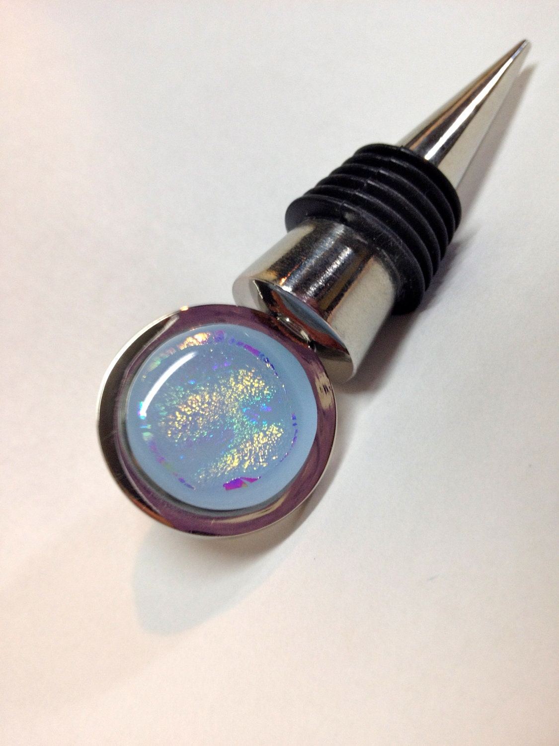 Wine Stopper Dichroic Fused Glass  Lavender Rainbow Glitter Stainless Steel 150
