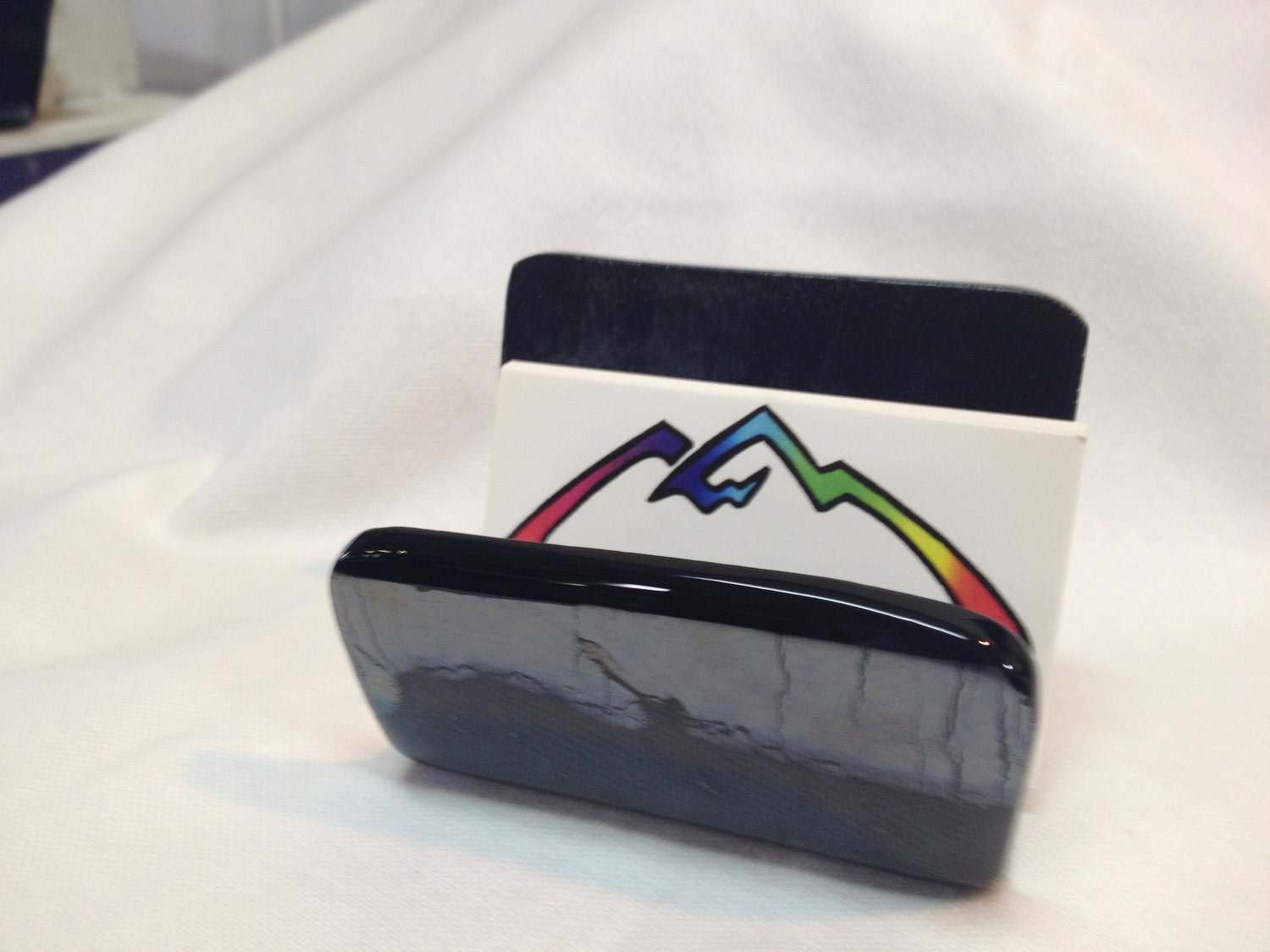 Fused Glass Business Card Holder New York Black on Black  339