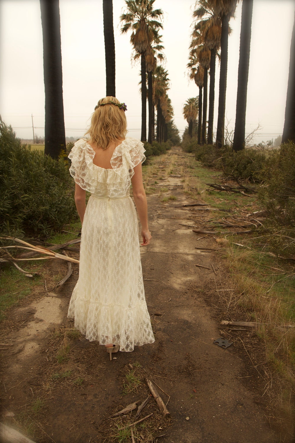 Vintage Wedding Gown Lace Ivory Ruffled 70s Bohemian Hippie Dress - Jude