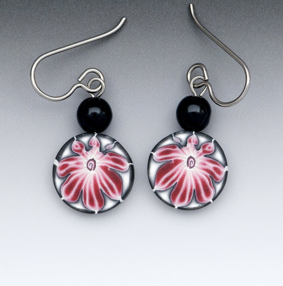 Round Red Flower Polymer Clay Earrings