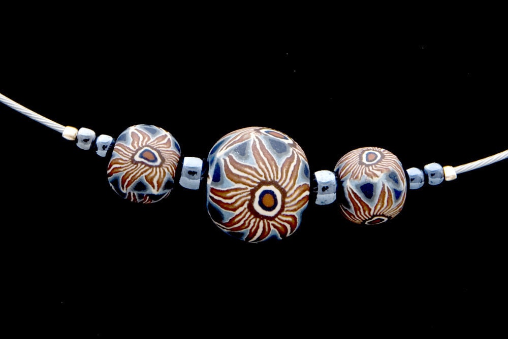 3-Bead Cable Necklace in Browns with Icy Blue