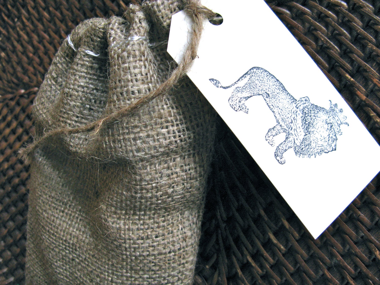Nubby Rustic Burlap Safari Theme Lion Wedding Favor Bag