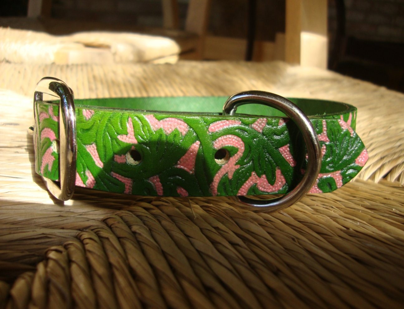 Custom Size Pink and Green Preppy Leather Dog Collar. Hand Dyed and Painted Western Vine Pattern. Size Small, Medium or Large.