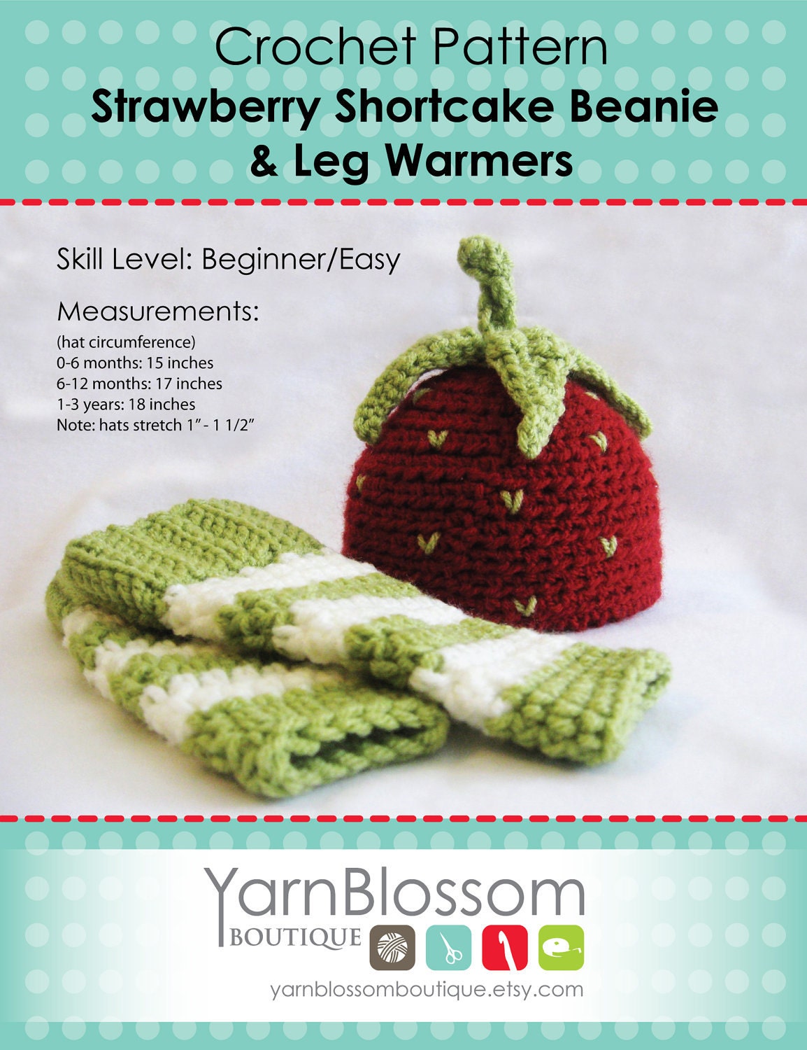 CROCHET PATTERN Strawberry Shortcake Beanie & Leg Warmers (4 sizes included) Instant Download