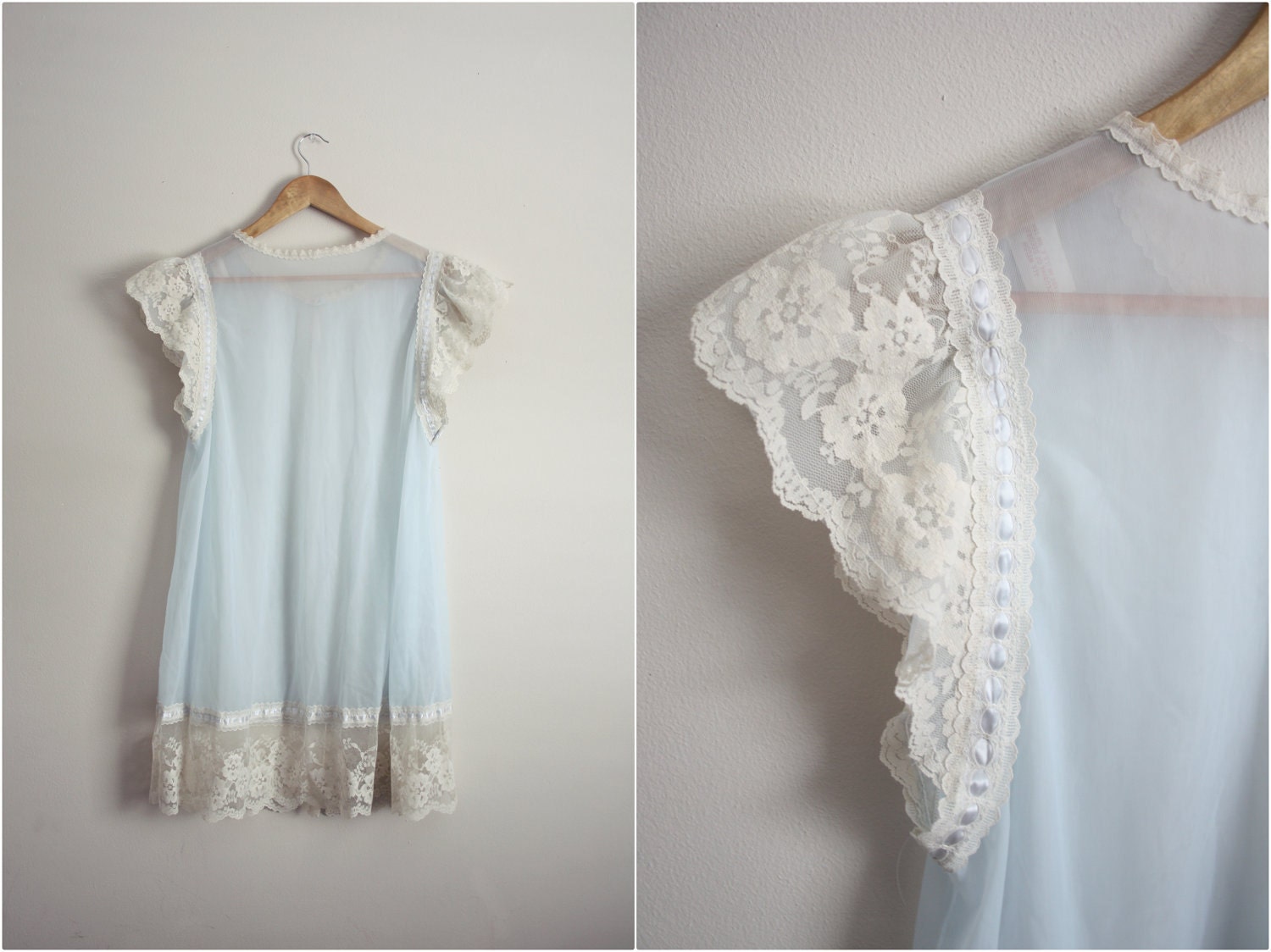 Vintage 50s Mod Sky Blue Sheer Peignoir Nightgown lace Robe. One Size