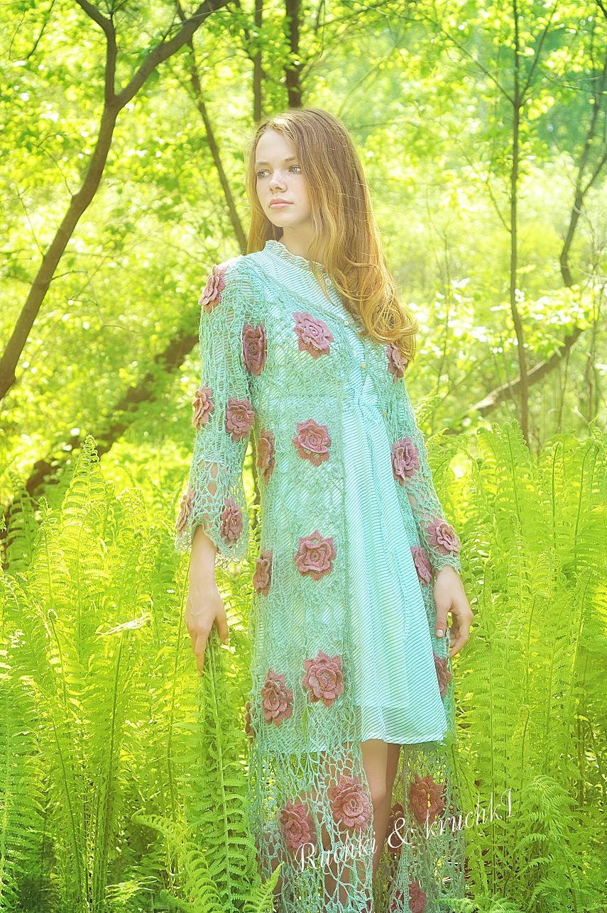 Crochet lace roses flowers shabby chic boho gypsy wedding bride hand dyed felted turquoise celadon dusty rose jacket "Roses and moss"
