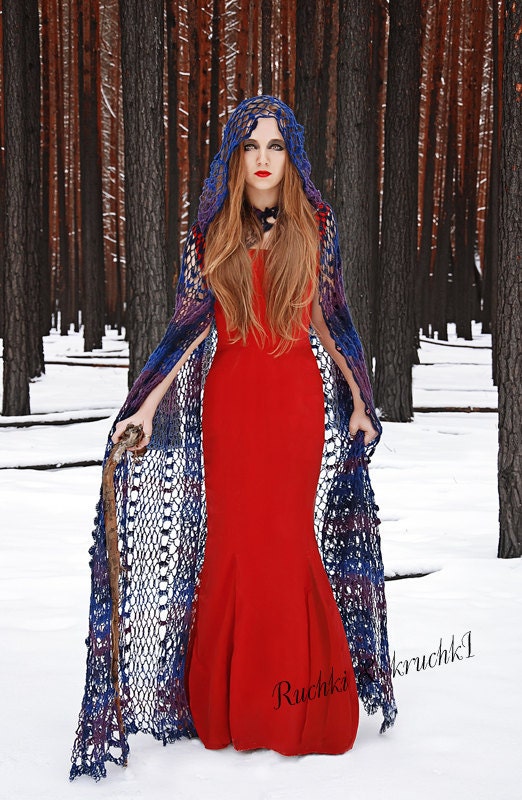 Gothic vampire crochet  lace cape  "The Twilight Saga. My interpretation" in violet, amethyst, blue, dark blue sheep wool