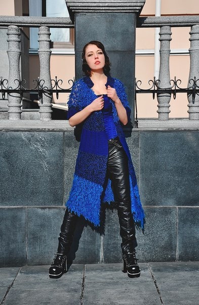 Designer knitted boho chic gypsy style jacket and mittens "Saphire queen" in royal blue wool