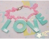 LOVE Minty Mint Glitter Resin Plastic Pink Chain Choker Necklace Fairy Kei Decora Kawaii Cute Fashion Valentine's Day