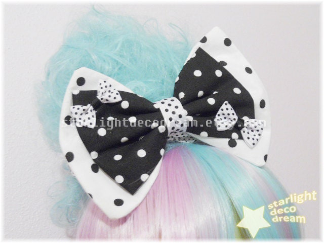 Fairy Kei Black & White Polka Dot 2WAY Bow with Grossgrain Bow Accent