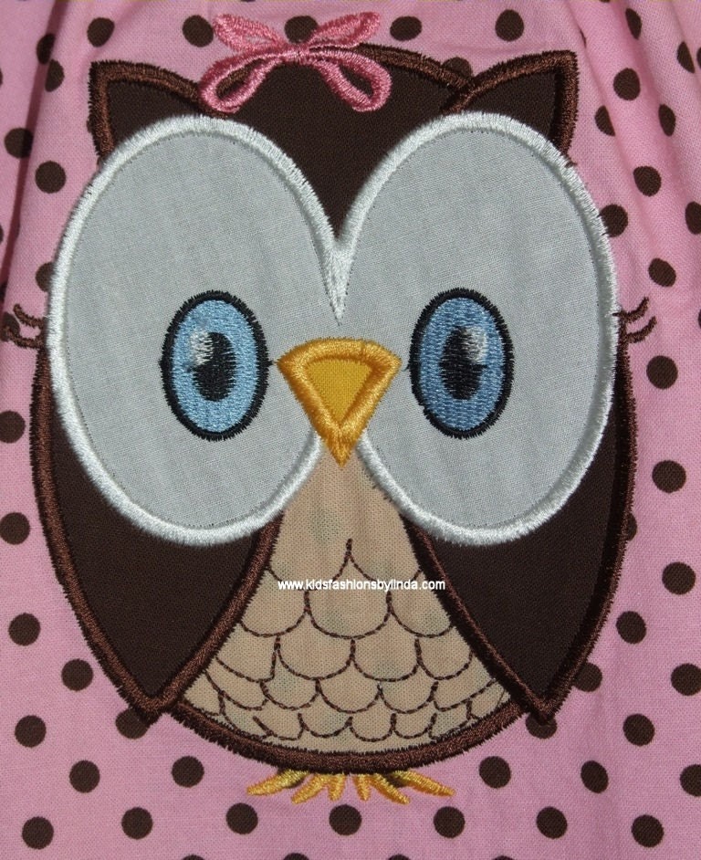 Pink/Brown Dots Pillowcase Dress with Flower Cuff with Owl Applique-Personalization NOT Included